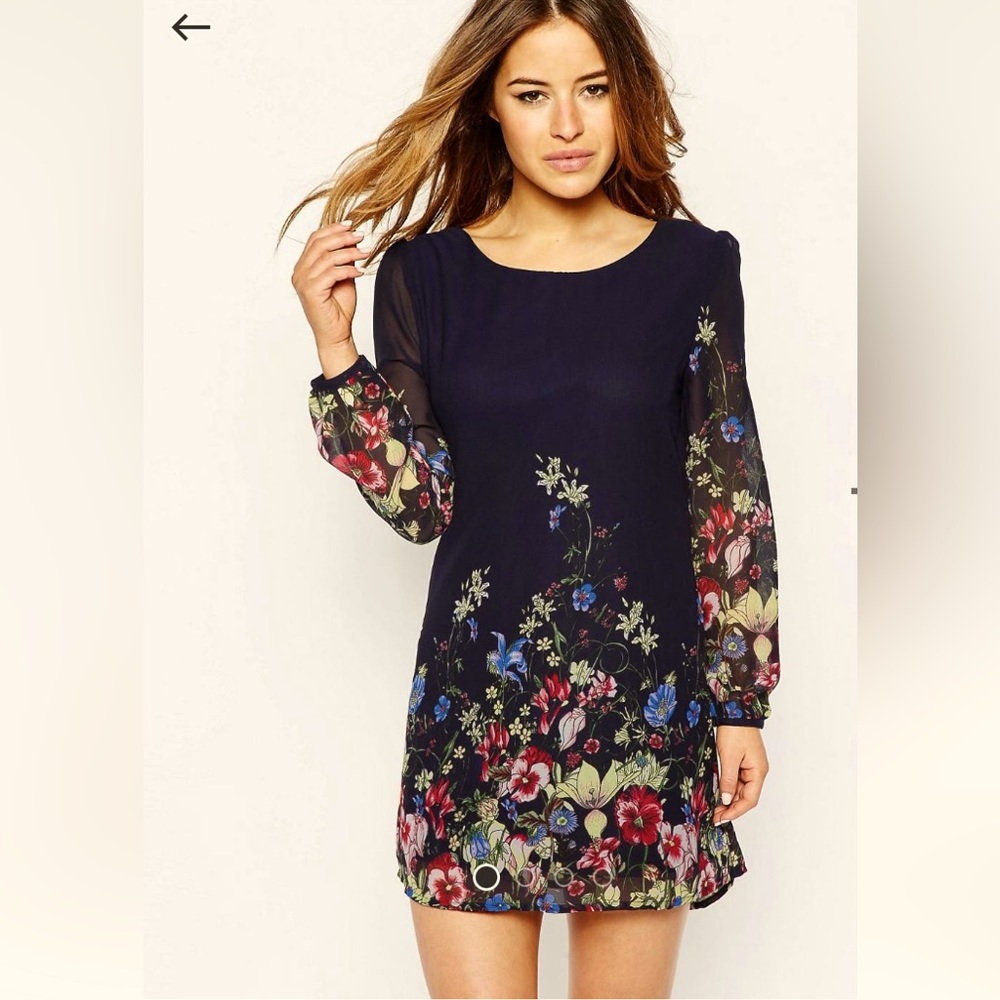 ASOS Yumi Floral Navy Blue Lined Dress Sheer Full Length Sleeves XS